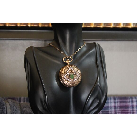 Vissun Pocket Watch Pendant Necklace Rhinestones Scrollwork WORKS main image 10